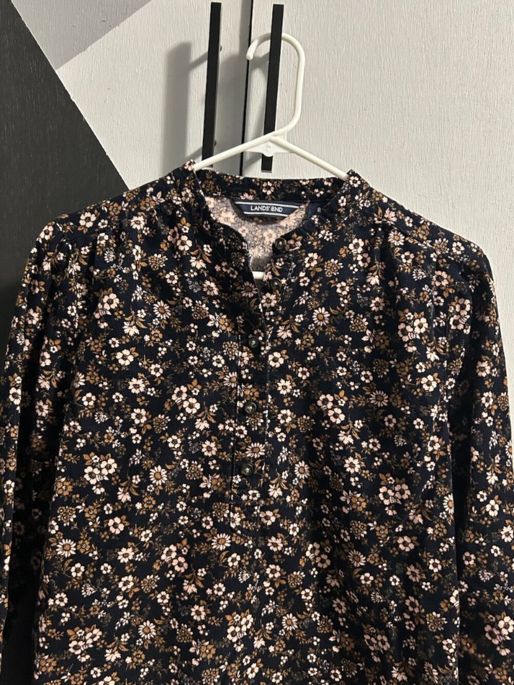Lands' End Micro Corduroy 1/4 Button Multicolor Floral Long Sleeve Top Women's 8